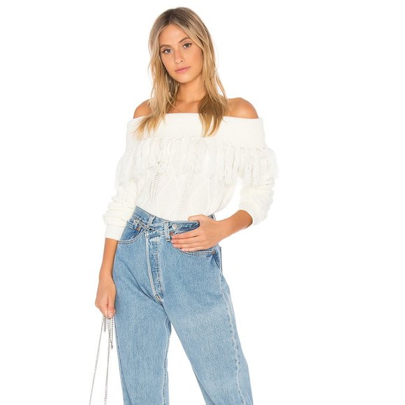 Revolve White Off Shoulder Fringe Cable Sweater - Picture 2 of 5